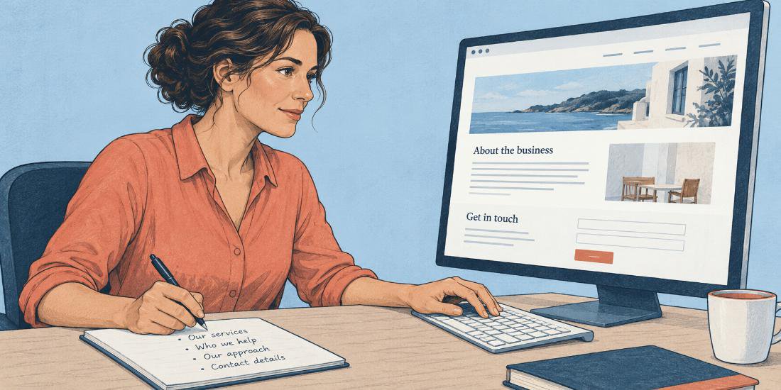 Editorial illustration of a professional writing and revising a business webpage